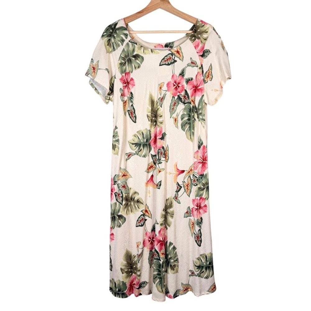 Iolani Hawaii Vintage Tropical Floral Rayon Jacquard Midi Dress XL Cream Pink